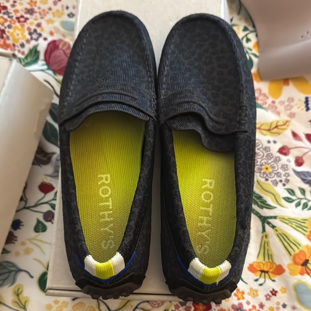 Rothy's leopard print driving moccasin with Vibrant Yellow Insole